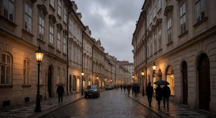 mejor pais europeo para visitar en noviembre, Callejón histórico en el centro de Europa con ambiente otoñal y luces cálidas al atardecer