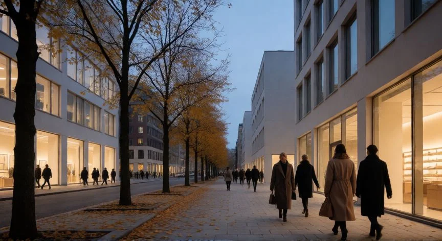 Calle moderna en un país nórdico con arquitectura minimalista y luz de atardecer