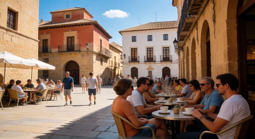 mejor pais europeo para vivir, Plaza soleada en España con gente disfrutando en cafeterías al aire libre