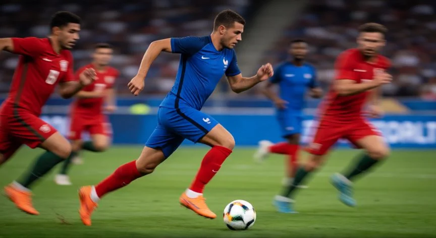 mejor pais fifa, Jugador de la selección francesa de fútbol esquivando rivales en una jugada ofensiva