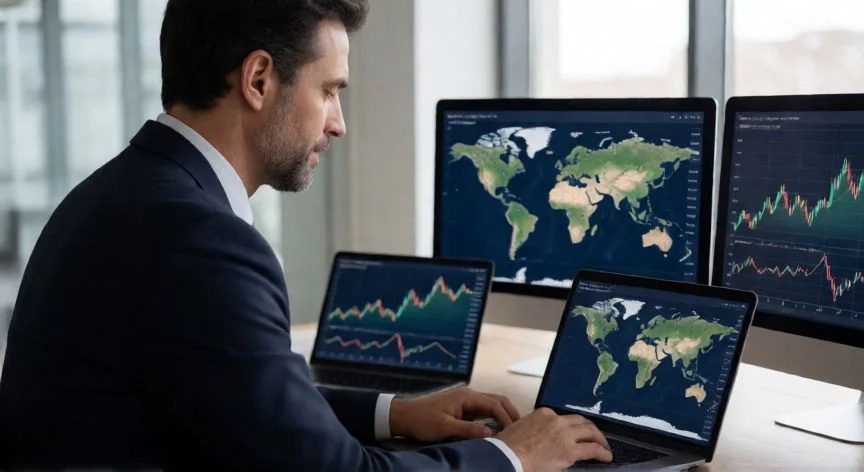 Asesor financiero analizando mapas globales y datos fiscales en una oficina moderna