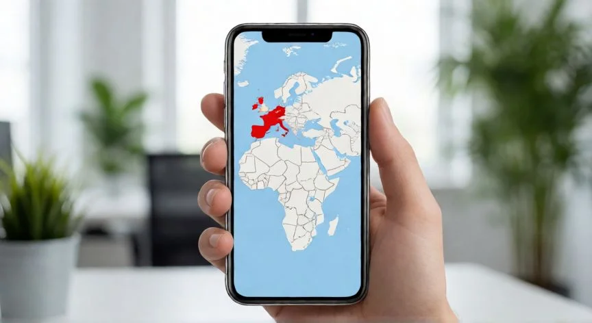 mejor pais fiscal, Mano sosteniendo un teléfono con un mapa mundial destacando países fiscalmente favorables como Malta