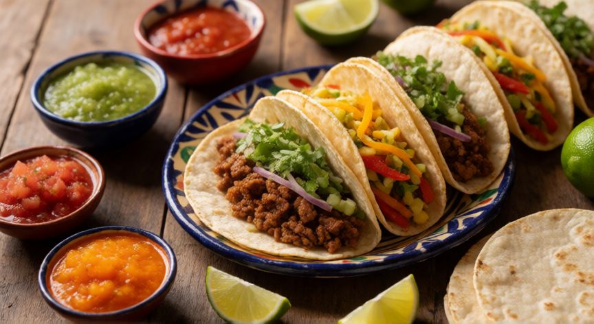 Variedad de tacos mexicanos y salsas tradicionales sobre una mesa rústica