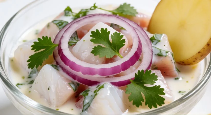 mejor pais gastronomía de latinoamerica, Plato de ceviche peruano fresco con pescado blanco y salsa cítrica