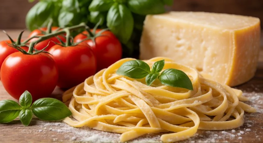 Mesa italiana con pasta artesanal y tomates frescos