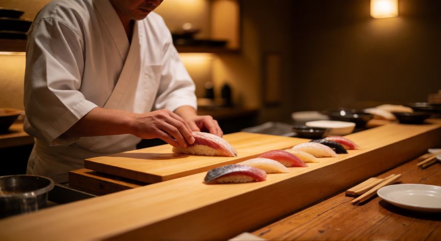 mejor pais gastronomico del mundo, Chef preparando sushi en un restaurante tradicional de Tokio