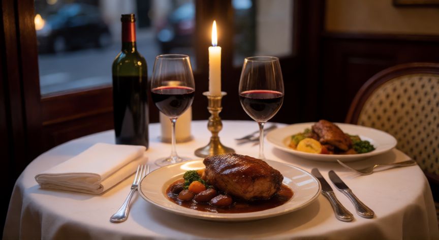 mejor pais gastronomico del mundo, Mesa elegante en un bistró parisino con platos clásicos franceses
