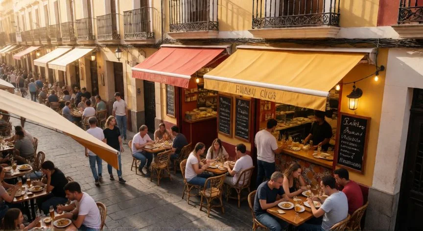 Callejón español lleno de vida con restaurantes de tapas al atardecer