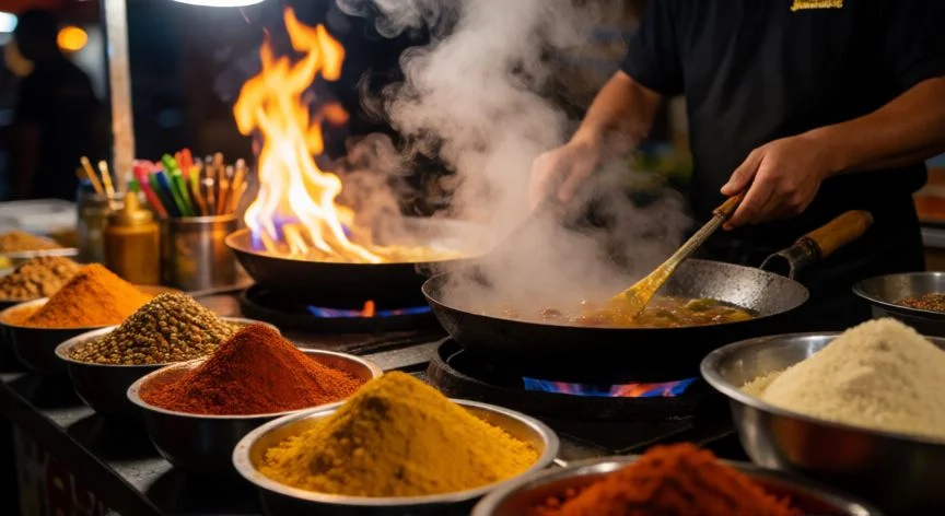 mejor pais gastronomico del mundo 2024, Cocina callejera tailandesa con especias vibrantes y fuego en acción
