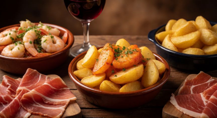 Variedad de tapas españolas tradicionales sobre una mesa de madera rústica