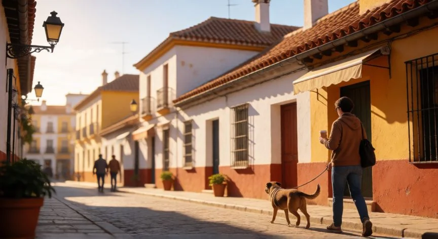 Vida tranquila en una calle soleada de España durante la hora dorada