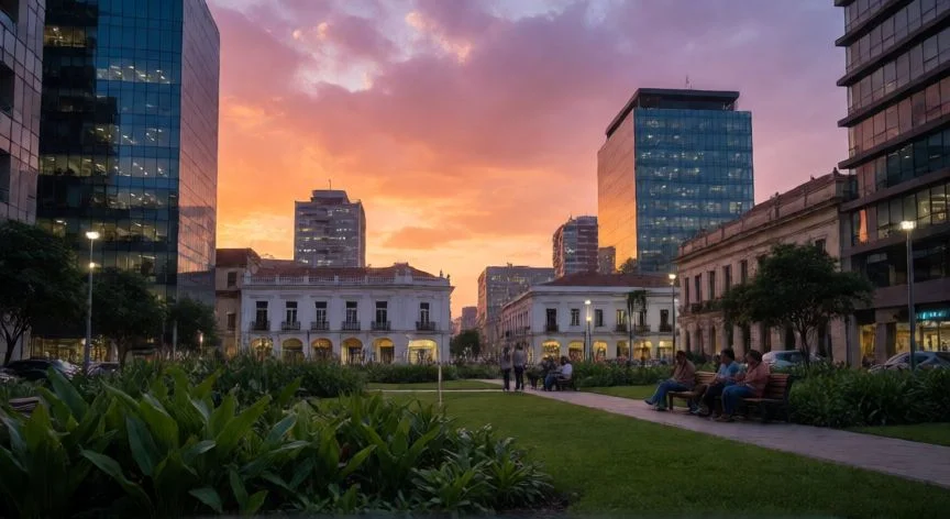 mejor pais habla hispana para vivir, Panorámica urbana de Colombia al atardecer mostrando mezcla de naturaleza y arquitectura