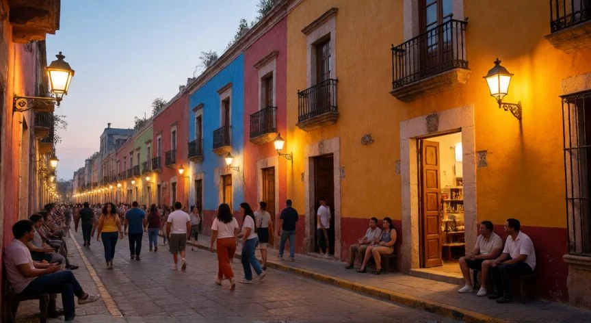 mejor pais hispano, Vida cultural vibrante en una ciudad histórica hispana al atardecer