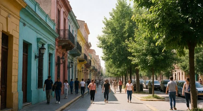 mejor pais hispanohablante, Calle animada en Montevideo Uruguay con arquitectura colorida y peatones