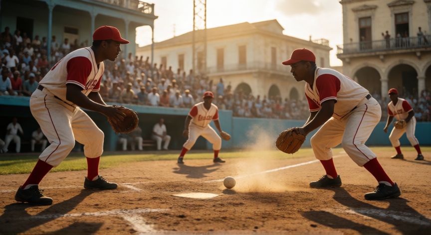 Jugadores de béisbol cubano en un estadio histórico al atardecer