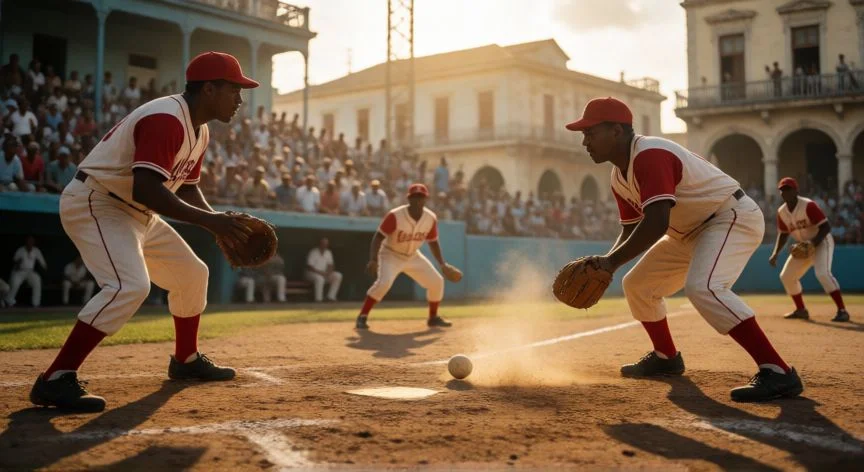 Jugadores de béisbol cubano en un estadio histórico al atardecer