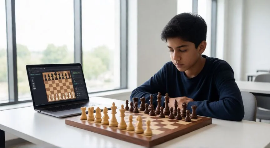 mejor pais jugando ajedrez, Estudiante de ajedrez analizando partidas con tecnología en una academia moderna