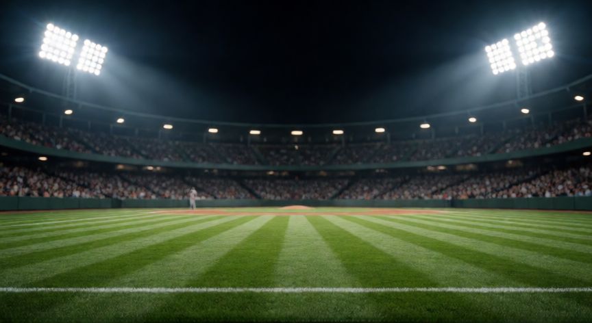 Estadio de béisbol profesional iluminado por la noche con el campo en primer plano