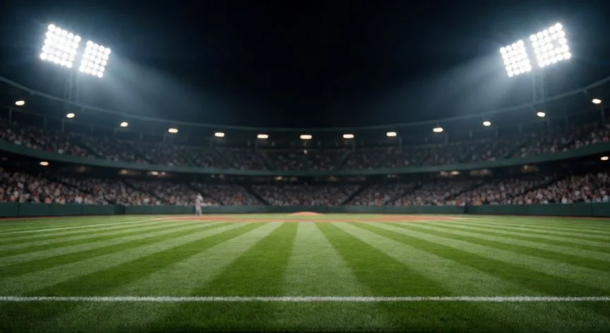 Estadio de béisbol profesional iluminado por la noche con el campo en primer plano