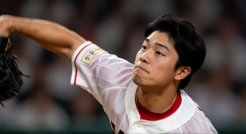 mejor pais jugando baseball, Lanzador de béisbol japonés en plena acción con expresión de concentración intensa