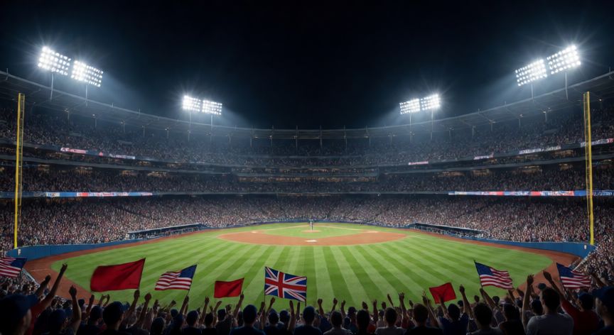 Estadio de béisbol profesional en Estados Unidos lleno de aficionados durante la noche