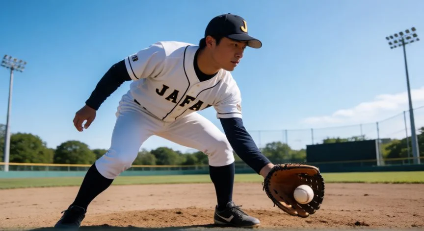 mejor pais jugando beisbol, Jugador de béisbol japonés entrenando en el campo bajo el sol