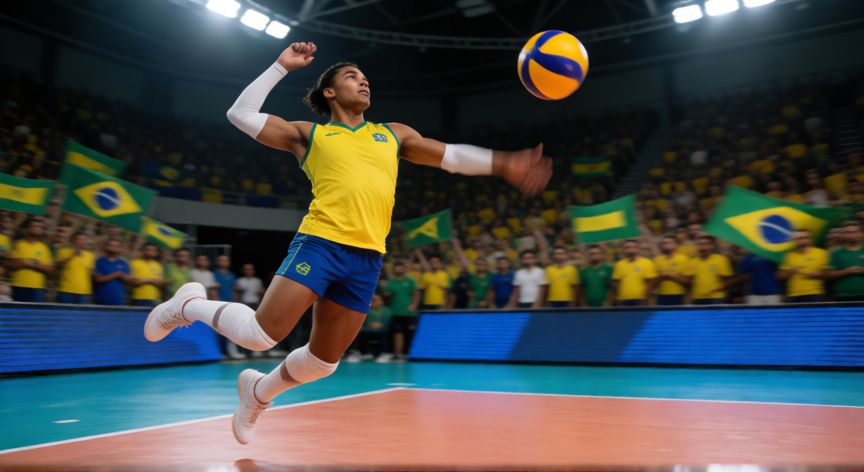 Jugador de voleibol brasileño realizando un ataque potente en una arena llena