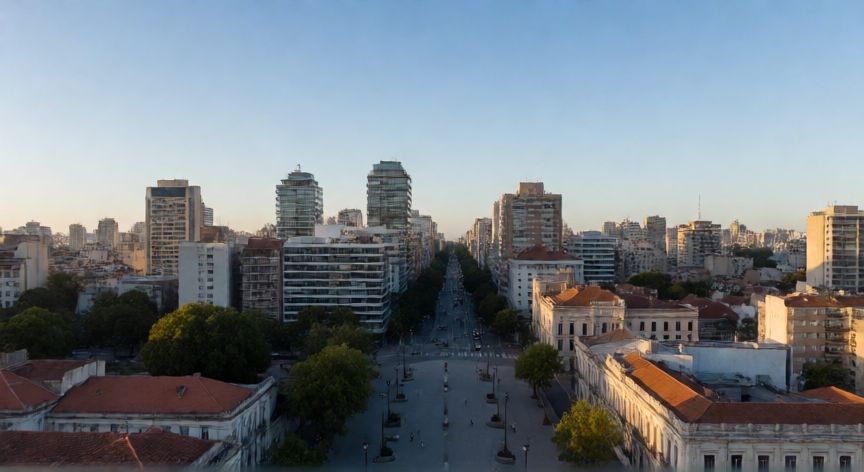 Vista aérea de Montevideo en Uruguay al atardecer mostrando su arquitectura moderna e histórica