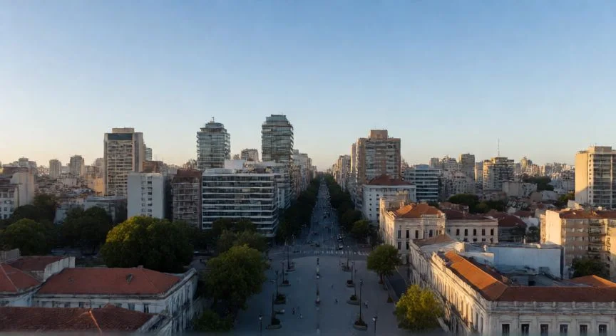 Vista aérea de Montevideo en Uruguay al atardecer mostrando su arquitectura moderna e histórica