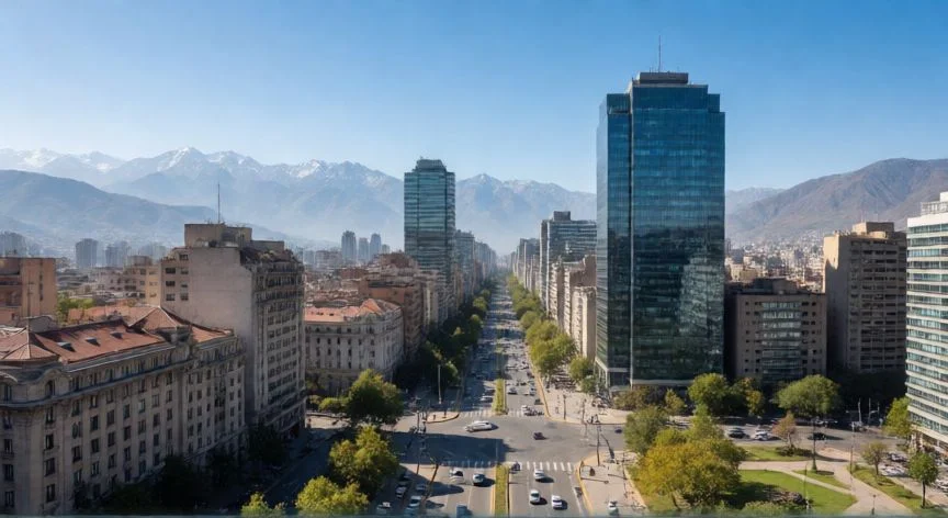 mejor pais latam, Paisaje urbano de Santiago de Chile con el cordón de los Andes de fondo bajo cielo despejado