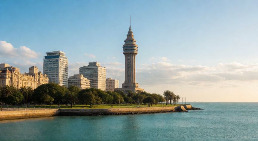 Vista panorámica de la costa de Montevideo en Uruguay al atardecer