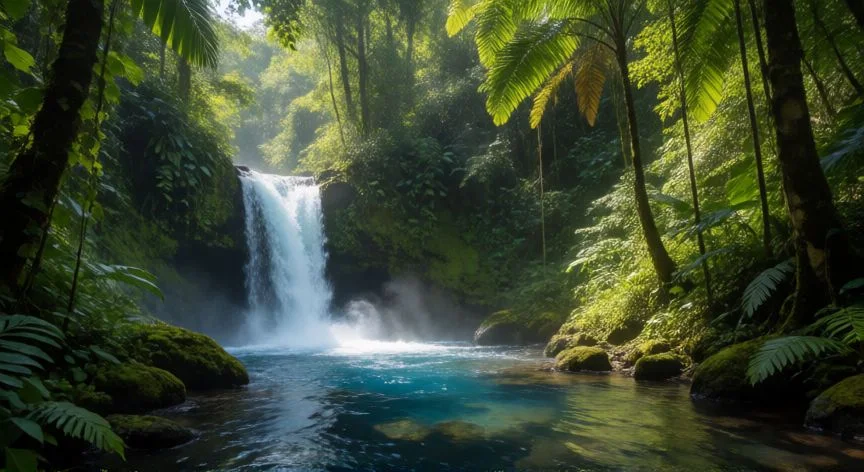 mejor pais latino, Paisaje natural de selva tropical y cascada en Costa Rica