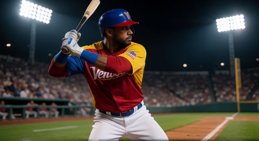 Jugador venezolano de béisbol golpeando la pelota en un estadio nocturno