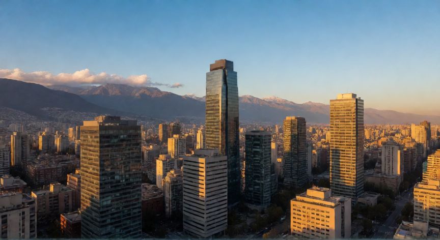 Vista aérea del horizonte de Santiago de Chile con la cordillera de los Andes al atardecer
