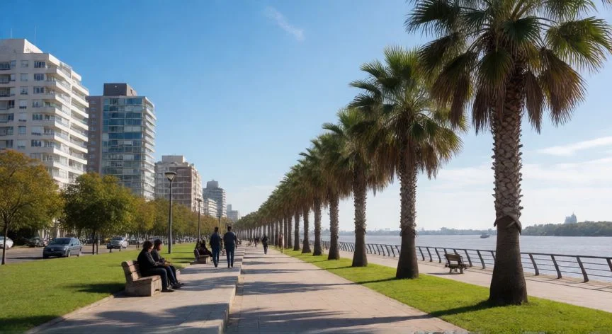 mejor pais latinoamericano, Paisaje urbano de Montevideo en Uruguay con la costanera y edificios modernos bajo un día soleado