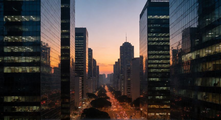 Vista panorámica del distrito financiero de Sao Paulo al atardecer
