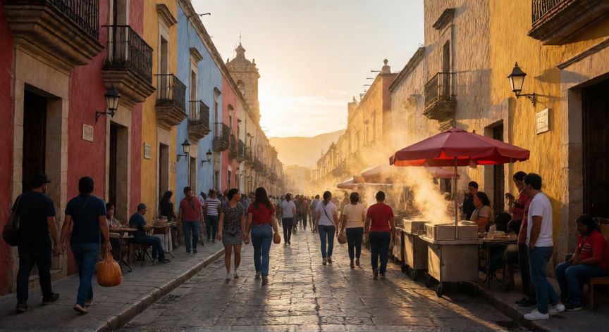 mejor pais latinoamericano para viajar, Callejera histórica en Oaxaca México con arquitectura colonial y ambiente festivo al atardecer