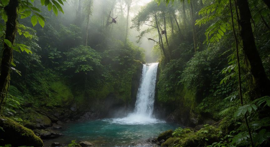 mejor pais latinoamericano para viajar, Paisaje de selva tropical en Costa Rica con cascada y biodiversidad exuberante