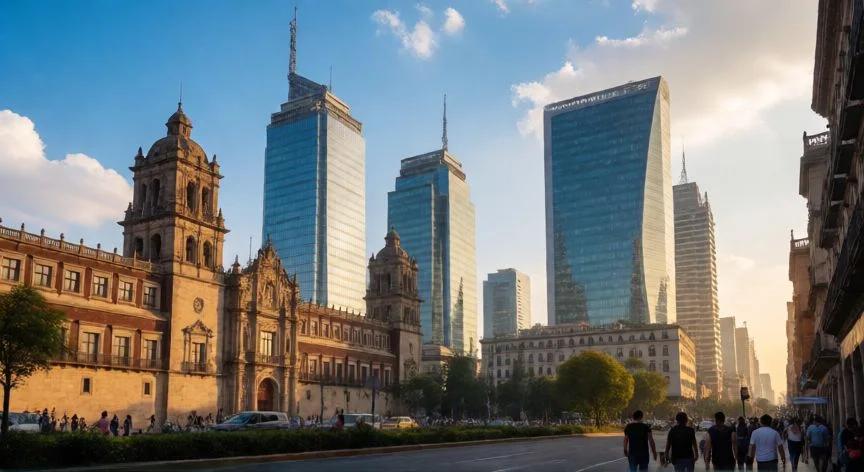 Vista panorámica de una ciudad moderna en Latinoamérica al atardecer