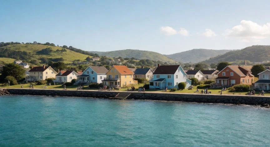 mejor pais latinoamericano para vivir, Paisaje costero tranquilo en Latinoamérica con casas coloridas y océano turquesa