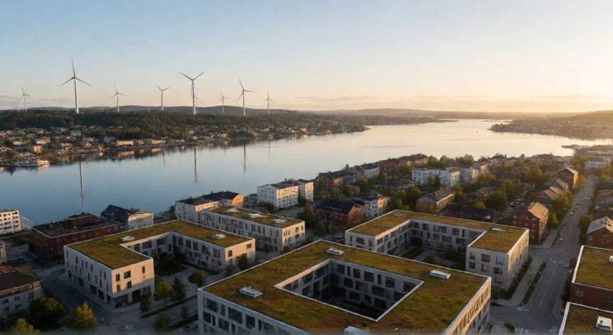 Vista aérea de una ciudad sostenible en Noruega representando la calidad de vida