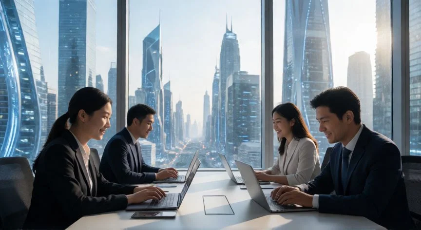 mejor pais mundial 2026, Profesionales en una oficina moderna en Asia mostrando crecimiento económico