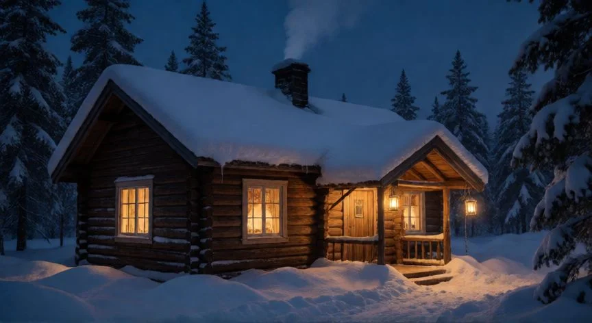 mejor pais navidad, Cabaña escandinava nevada con luces cálidas durante la Navidad