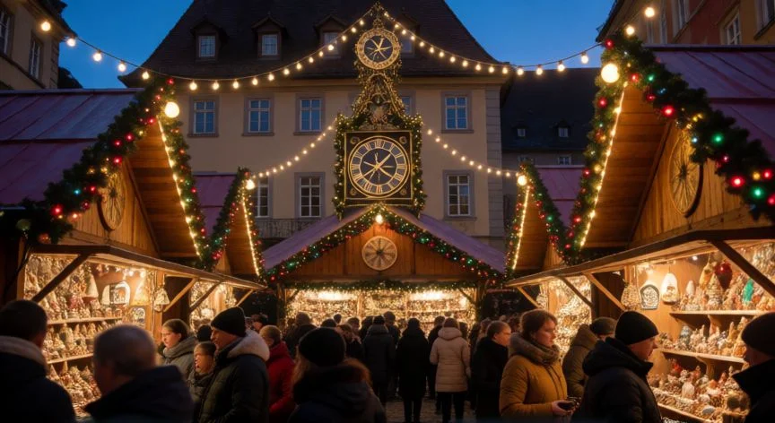 mejor pais navidad, Mercado navideño alemán con puestos iluminados y multitudes