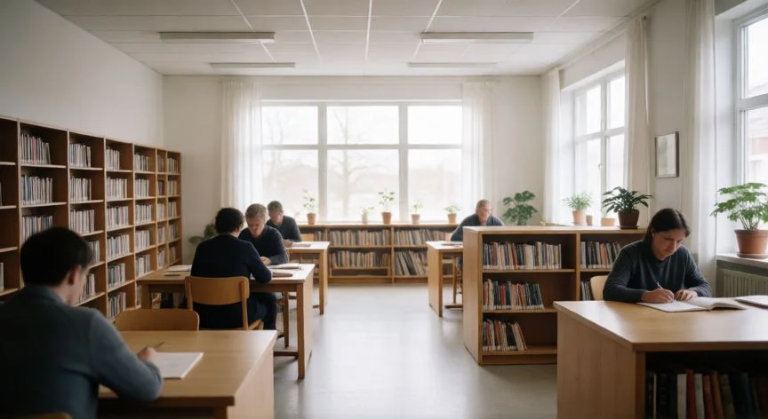 mejor pais nivel de vida, Interior de una biblioteca moderna y luminosa en un país nórdico