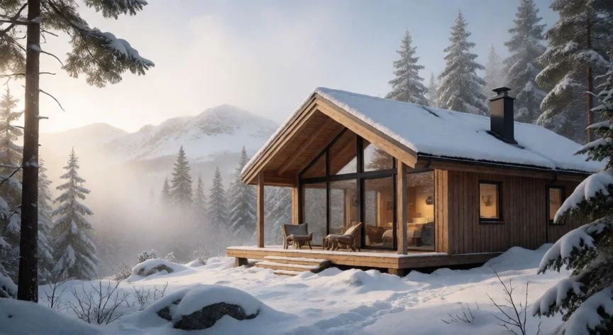 Paisaje invernal nórdico con cabaña moderna entre montañas nevadas