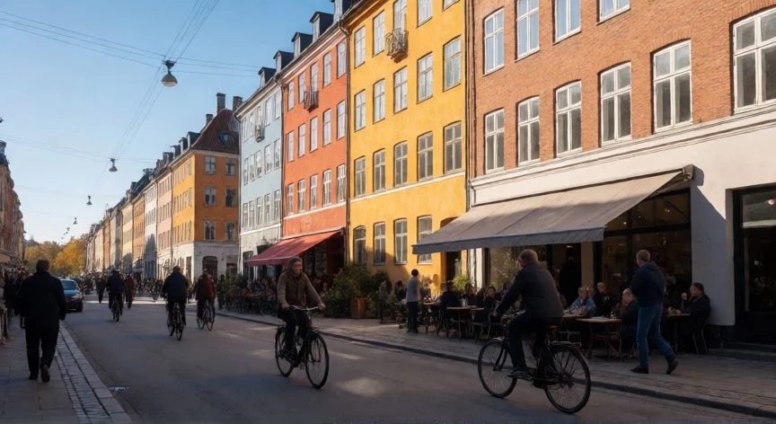 mejor pais nordico, Vida urbana y ciclista en una ciudad nórdica de otoño