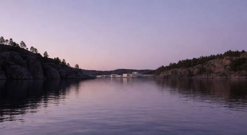 Paisaje del fiordo de Oslo al atardecer mostrando arquitectura moderna noruega