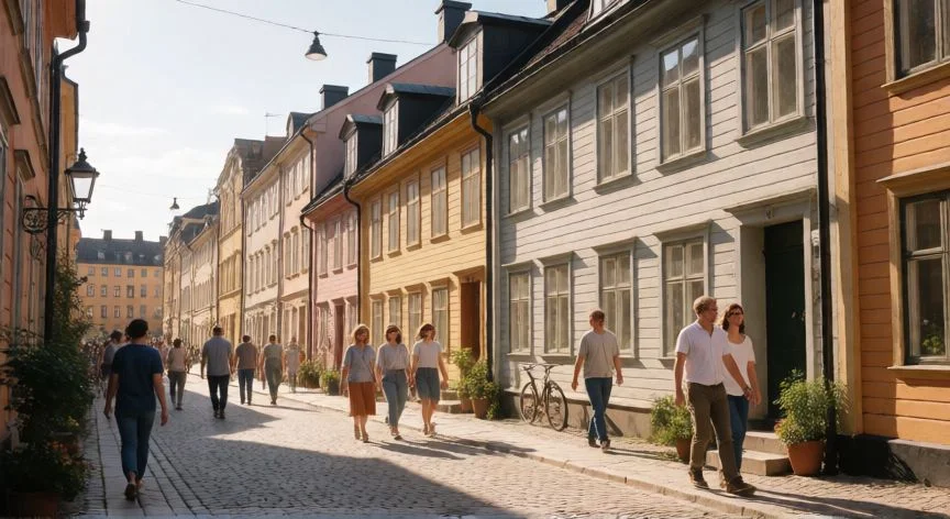 mejor pais nordico para emigrar, Calle peatonal en el centro histórico de Estocolmo con casas coloridas y gente caminando