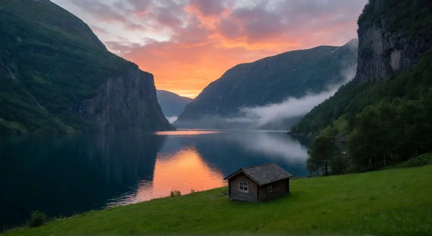 Paisaje panorámico de un fiordo noruego al atardecer con acantilados y una cabaña